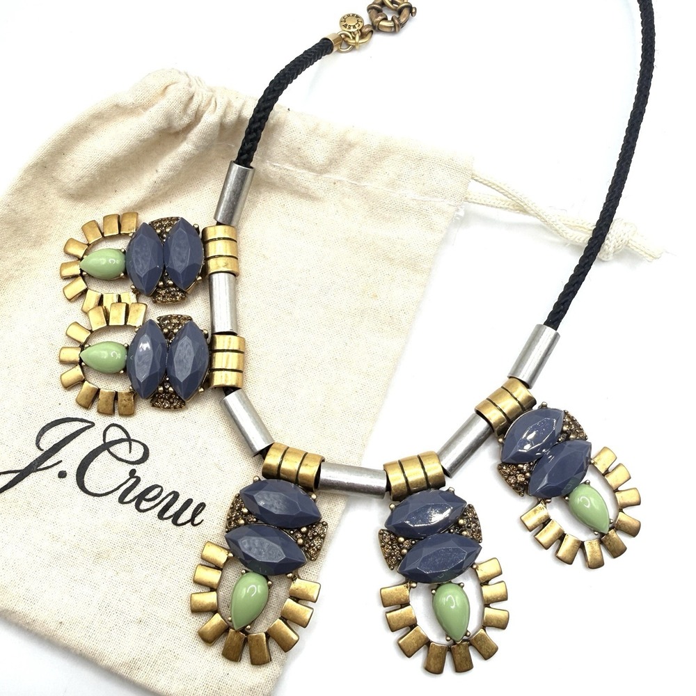 J. CREW Cord Necklace Mint Slate Blue Silver Gold‎ Tone Accents Bold Glam 16"